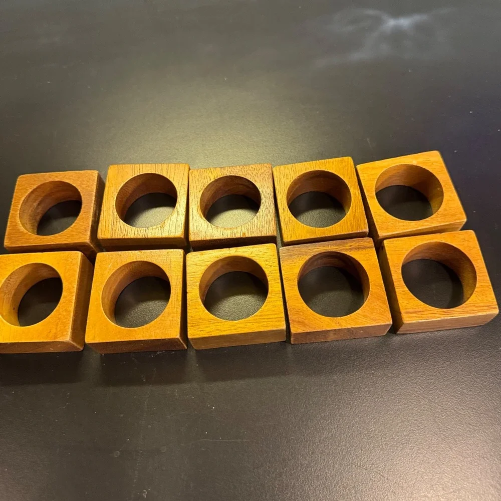 Wooden Napkin Rings Set of 10 Brown Square Mid Century Modern Rustic Table Decor